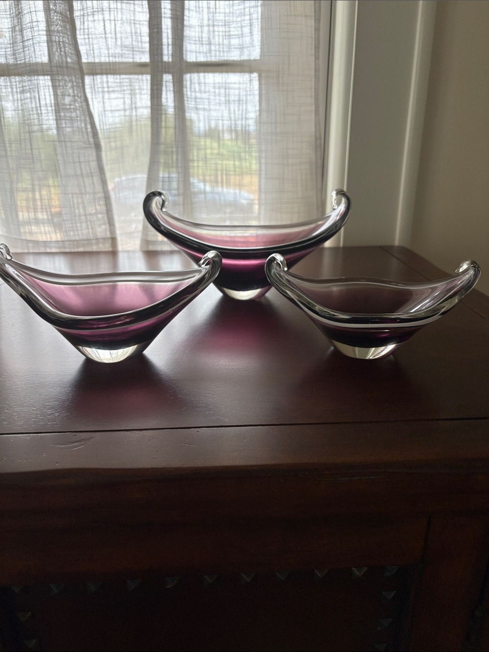 Paul Kedelv - Coquille Flygsfors Pink Purple Art Glass Bowl 1950s- 3 piece set